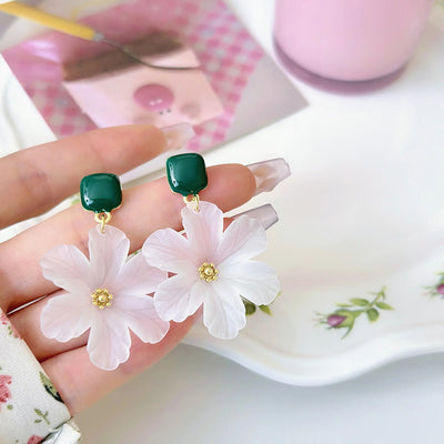 Margaret Apple Blossom Drop Earrings - Lovely stylised white apple blossom earrings sculpted from semi-translucent white acetate, suspended from a green enamel earring finding.