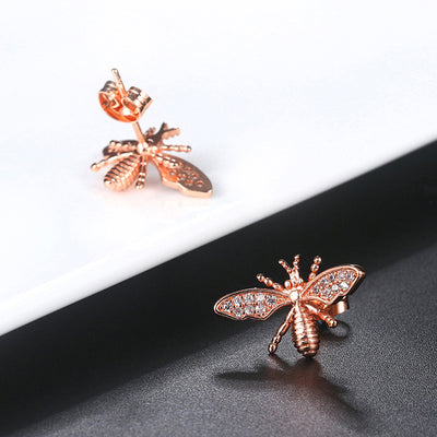 Melaina Bee Crystal Pendant & Earrings Set - Cute little rose gold stud earrings shaped like little honeybees, with round cut crystals on the wings, and a matching necklace.
