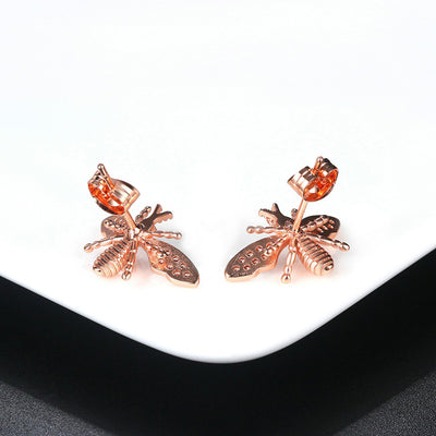 Melaina Bee Crystal Pendant & Earrings Set - Cute little rose gold stud earrings shaped like little honeybees, with round cut crystals on the wings, and a matching necklace.