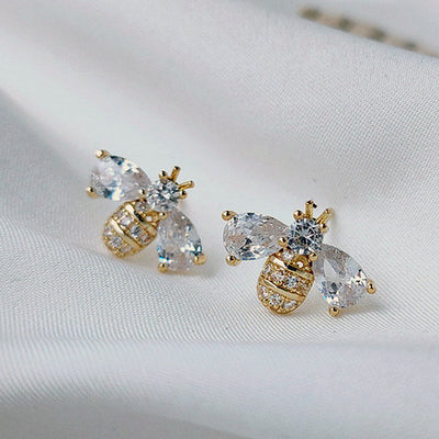 Melaina Deluxe Crystal Bee Stud Earrings - Cute little golden stud earrings shaped like little honeybees, encrusted with shimmering crystals.