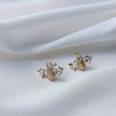 Melaina Deluxe Crystal Bee Stud Earrings - Cute little golden stud earrings shaped like little honeybees, encrusted with shimmering crystals.