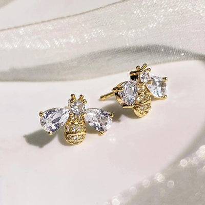 Melaina Deluxe Crystal Bee Stud Earrings - Cute little golden stud earrings shaped like little honeybees, encrusted with shimmering crystals.
