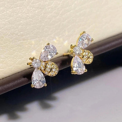 Melaina Deluxe Crystal Bee Stud Earrings - Cute little golden stud earrings shaped like little honeybees, encrusted with shimmering crystals.