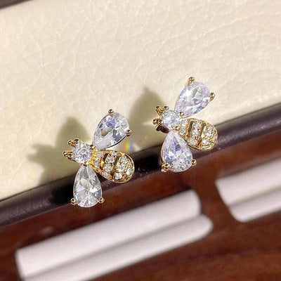 Melaina Deluxe Crystal Bee Stud Earrings - Cute little golden stud earrings shaped like little honeybees, encrusted with shimmering crystals.