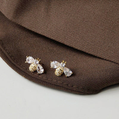 Melaina Deluxe Crystal Bee Stud Earrings - Cute little golden stud earrings shaped like little honeybees, encrusted with shimmering crystals.