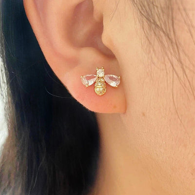 Melaina Deluxe Crystal Bee Stud Earrings - Cute little golden stud earrings shaped like little honeybees, encrusted with shimmering crystals.