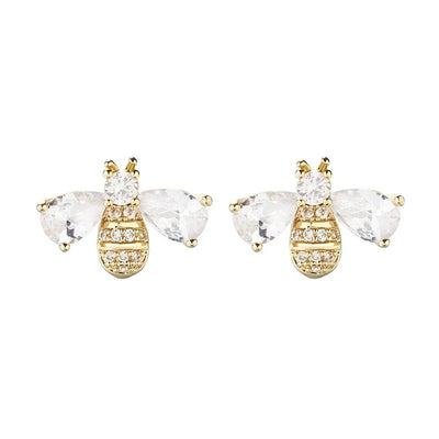 Melaina Deluxe Crystal Bee Stud Earrings - Cute little golden stud earrings shaped like little honeybees, encrusted with shimmering crystals.