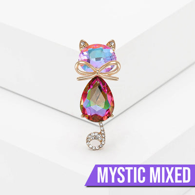 Mimmy Crystal Cat Brooch - A cute, stylised cat brooch featuring large coloured crystals for the head and body, and small round white quartz set into the ears and tail.