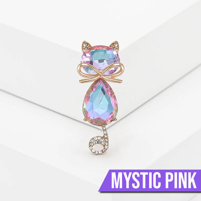 Mimmy Crystal Cat Brooch - A cute, stylised cat brooch featuring large coloured crystals for the head and body, and small round white quartz set into the ears and tail.