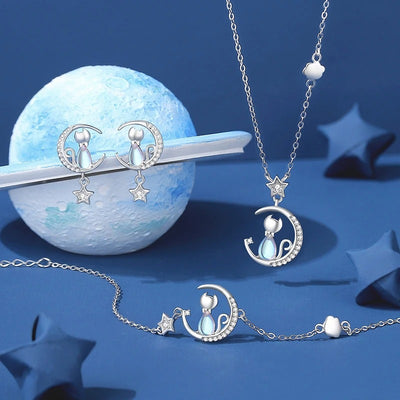 The Moonlight Meowl Deluxe Set - A super delicate cat-themed jewellery set featuring an assortment of beautiful opals and cubic zirconia against a backdrop of solid 925 sterling silver.