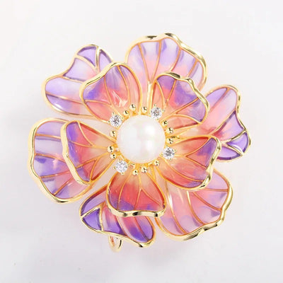 The Ophelia Peony Sculpted Resin Brooch - An elegant floral brooch available in green, salmon, purple, or ombre sunset, with shimmering crystals and semi-translucent resin.