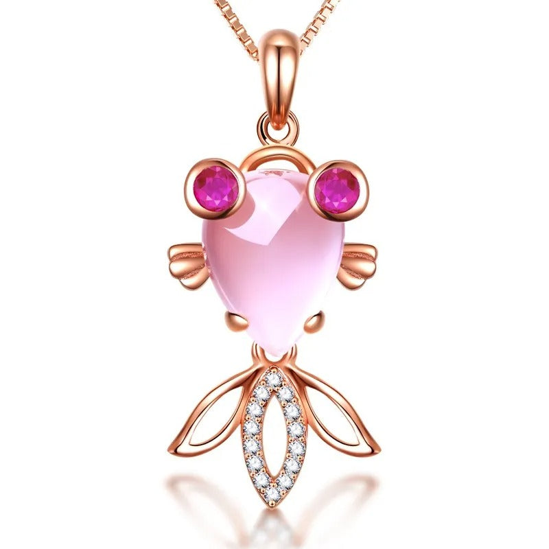 Galene Pink Opal Pendant - A cute little goldfish shaped pendant built around a large droplet shaped pink opal.