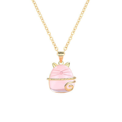 Maneki Rose Quartz Pendant - An adorable little chubby cat pendant, made of rose quartz accented with champagne gold.