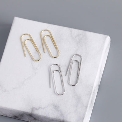 Pamela Posh Paperclip Earrings - A cool, stylish pair of earrings made to look like simple paperclips, but made from beautiful 925 Sterling Silver and 14 karat yellow gold.