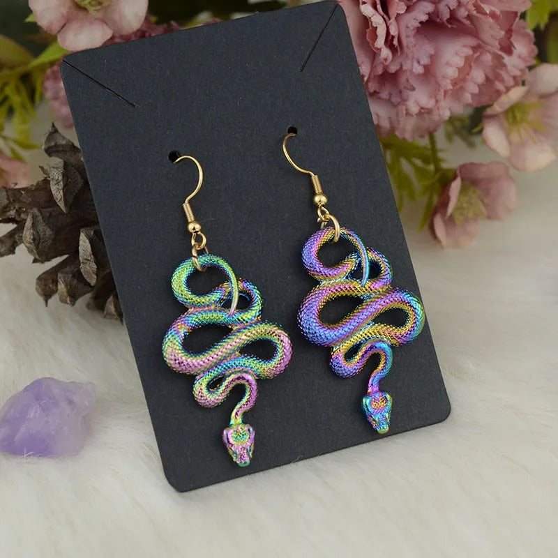 Pasiphae Dark Iridescent Snake Drop Earrings - Cute medium-sized snake themed earrings treated with an iridescent substance to give them an oil slick like finish.