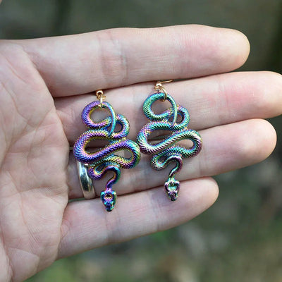 Pasiphae Dark Iridescent Snake Drop Earrings - Cute medium-sized snake themed earrings treated with an iridescent substance to give them an oil slick like finish.