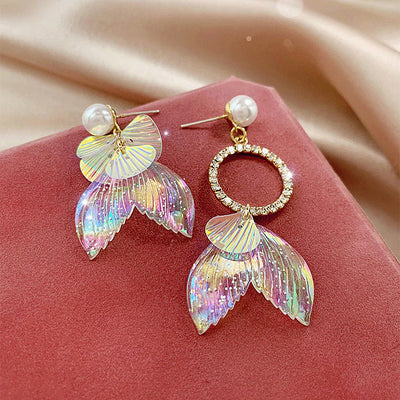 Pearla Iridescent Acrylic Earrings - Lovely lopsided iridescent earrings with a seaside theme, featuring seashells, fish tails, crystals, and pearls.