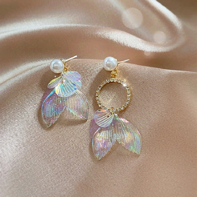 Pearla Iridescent Acrylic Earrings - Lovely lopsided iridescent earrings with a seaside theme, featuring seashells, fish tails, crystals, and pearls.