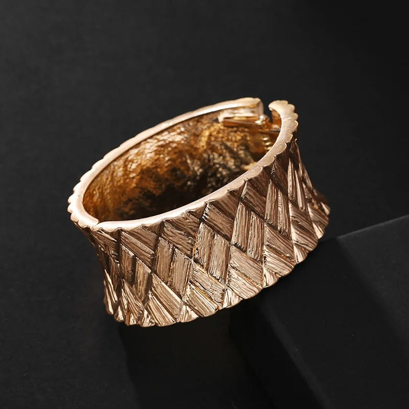 Phaedra Hinged Cuff Bangle - A beautiful gold cuff bangle with a basket weave pattern.