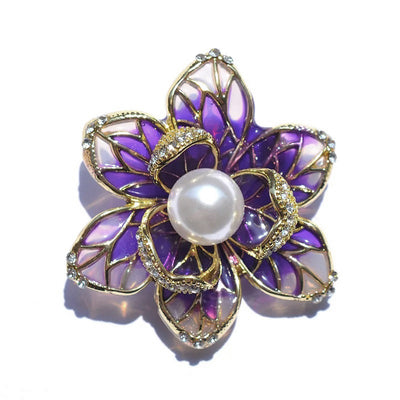 Isabelle Iris Sculpted Resin Brooch - An elegant floral brooch available in green, purple, or salmon pink, with shimmering crystals and semi-translucent resin.