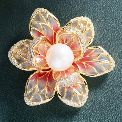 Isabelle Iris Sculpted Resin Brooch - An elegant floral brooch available in green, purple, or salmon pink, with shimmering crystals and semi-translucent resin.