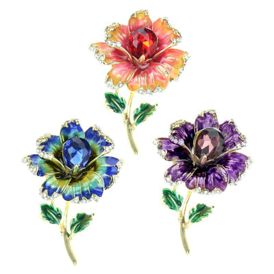 Piper Enamel Primrose Brooch - A detailed floral brooch featuring a large central stone with ruffled enamel petals surrounding it, painted with vibrant enamel paint.