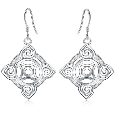 Quetzlali Geometric Drop Earrings - Beautiful silver earrings featuring a cool, unusual geometric motif formed by squares, curves, and spirals.