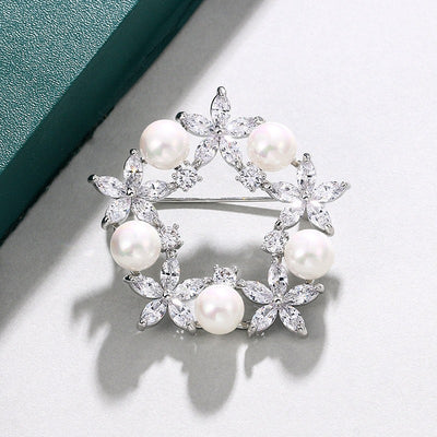 Radiance Luxury Crystal Wreath Brooch - A lovely sparkling crystal brooch shaped like a wreath with stylised flowers and pearls.