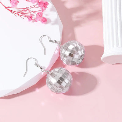 Retro Revival Boogie Nights Disco Ball Earrings - Small round balls earrings set with metallic tiles to create a cool shiny disco ball effect.