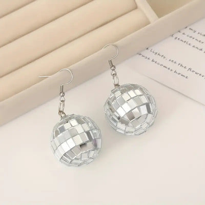 Retro Revival Boogie Nights Disco Ball Earrings - Small round balls earrings set with metallic tiles to create a cool shiny disco ball effect.