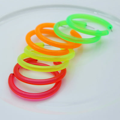Neon Vibes Oversized Circular Hoop Earrings - Large, chunky acrylic hoop earrings, available in Neon Green, Orange, Pink, or Yellow.