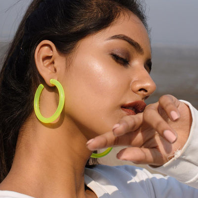 Neon Vibes Oversized Circular Hoop Earrings - Large, chunky acrylic hoop earrings, available in Neon Green, Orange, Pink, or Yellow.