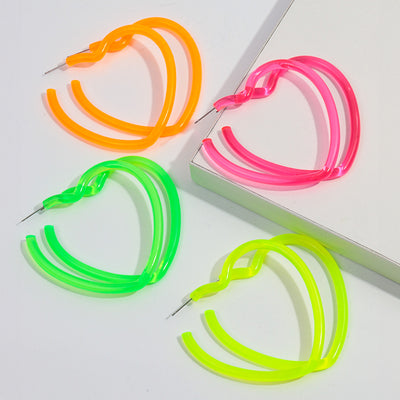 Neon Vibes Oversized Heart Hoop Earrings - Large, chunky heart-shaped acrylic hoop earrings, available in Neon Green, Orange, Pink, or Yellow.