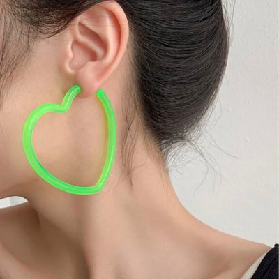 Neon Vibes Oversized Heart Hoop Earrings - Large, chunky heart-shaped acrylic hoop earrings, available in Neon Green, Orange, Pink, or Yellow.