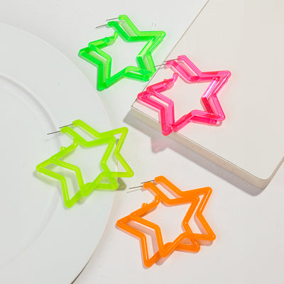 Neon Vibes Oversized Star Hoop Earrings - Large, chunky star-shaped acrylic hoop earrings, available in Neon Green, Orange, Pink, or Yellow.