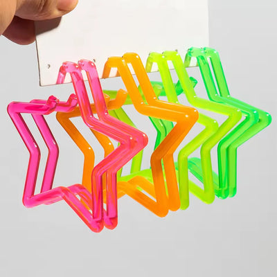 Neon Vibes Oversized Star Hoop Earrings - Large, chunky star-shaped acrylic hoop earrings, available in Neon Green, Orange, Pink, or Yellow.