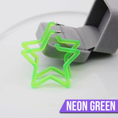 Neon Vibes Oversized Star Hoop Earrings - Large, chunky star-shaped acrylic hoop earrings, available in Neon Green, Orange, Pink, or Yellow.