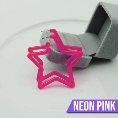 Neon Vibes Oversized Star Hoop Earrings - Large, chunky star-shaped acrylic hoop earrings, available in Neon Green, Orange, Pink, or Yellow.