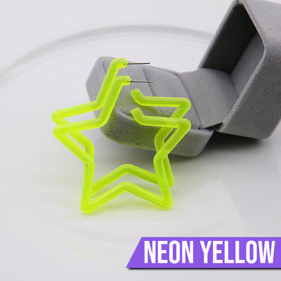 Neon Vibes Oversized Star Hoop Earrings - Large, chunky star-shaped acrylic hoop earrings, available in Neon Green, Orange, Pink, or Yellow.