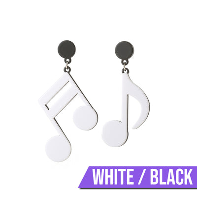 Retro Revival Notable Notes Earrings - Large asymmetrical acrylic earrings shaped like oversized musical notes, created from stylized pink, white, or black acrylic.