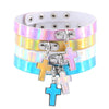 Retro Revival - Trinity Holographic Chokers - Cross Charm - A close-fitting choker necklace made of holographic/laser artificial leather, with a cross-shaped charm suspended from a buckle in the front.