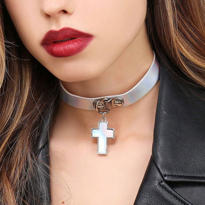 Retro Revival - Trinity Holographic Chokers - Cross Charm - A close-fitting choker necklace made of holographic/laser artificial leather, with a cross-shaped charm suspended from a buckle in the front.