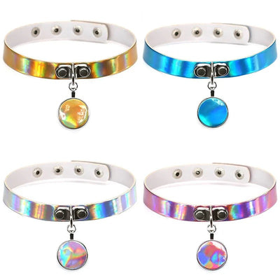 Retro Revival - Trinity Holographic Chokers - Disc Charm - A close-fitting choker necklace made of holographic/laser artificial leather, with a round coin-shaped charm suspended from a buckle in the front.