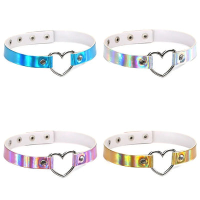 Retro Revival - Trinity Holographic Chokers - Heart Ring - A close-fitting faux leather necklace with a heart-shaped metal ring in the front.