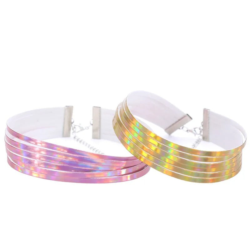 Retro Revival - Trinity Holographic Chokers - Strand - A close-fitting leather necklace made of six slim strands of holographic leather.