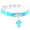 Retro Revival - Trinity Holographic Chokers - Cross Charm - A close-fitting choker necklace made of holographic/laser artificial leather, with a cross-shaped charm suspended from a buckle in the front.