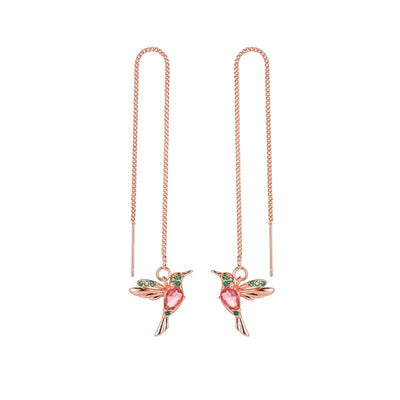 Rhiannon Hummingbird Threader Earrings - Tiny bird-shaped charms adorned with colourful crystals, attached to a long threader earring chain.