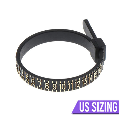 Ring Sizing Belts - A black plastic ring sizing belt with gold text.