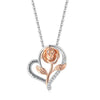 Rosalie Rosebud Heart Necklace - An elegant floral-themed necklace featuring a platinum plated heart with a beautiful rose gold rose, and sparkling crystals.