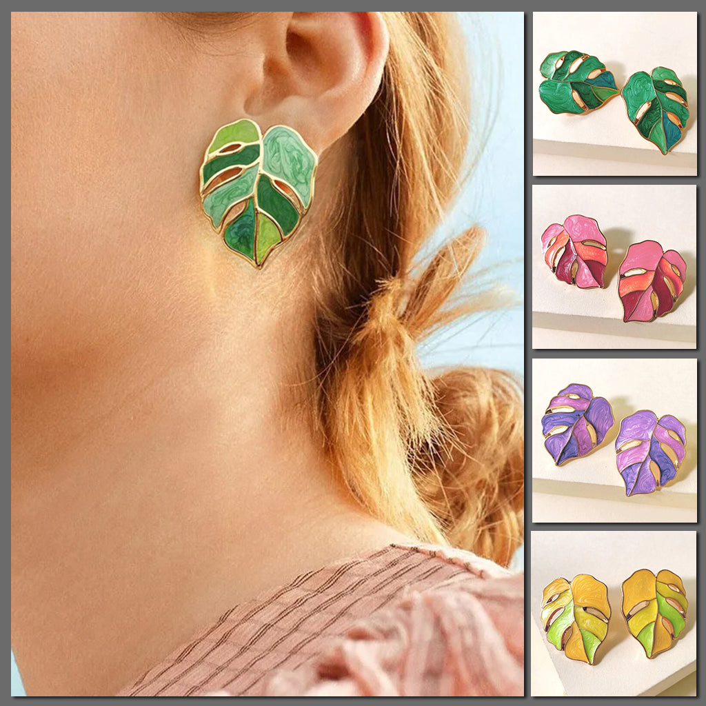 Salma Palm Leaf Enamel Earrings - Large enamel earrings with stylised leaves painted in complimentary shades of enamel paint.